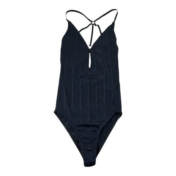 My Place Tops - MY PLACE Navy Blue Strappy Open Back Bodysuit PP Ribbed Stretch Ring Detail